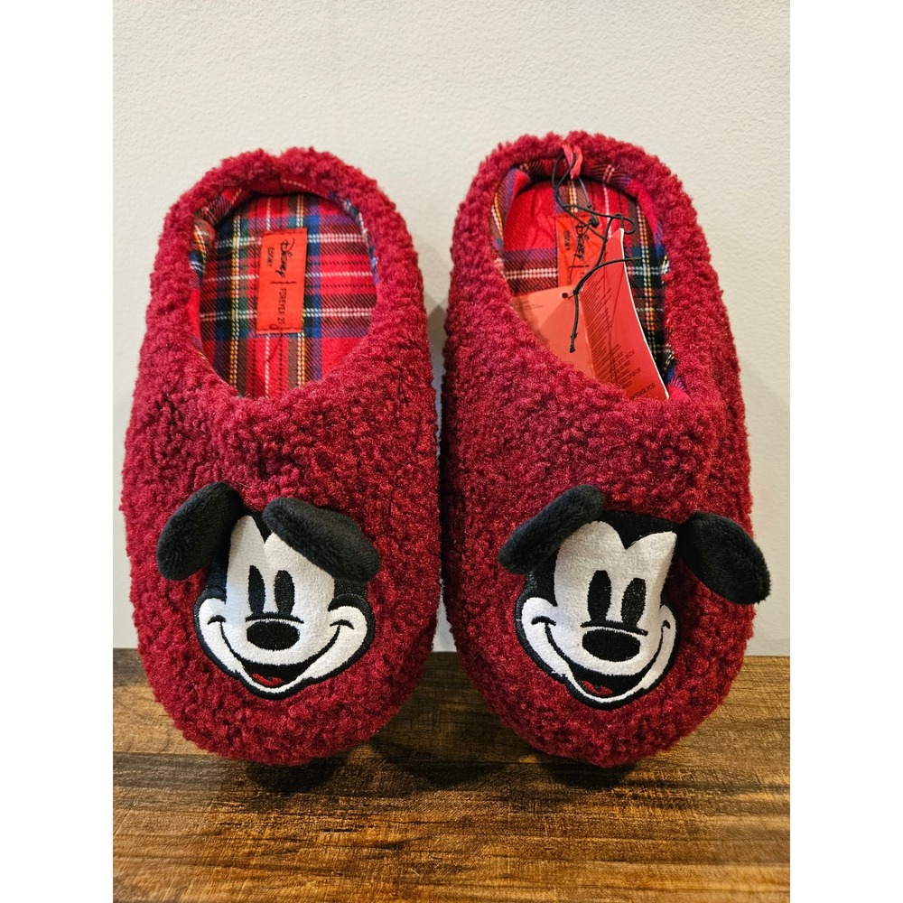 Disney Forever 21 Mickey Mouse Platform Slippers Burgundy Red Faux Fur Size M